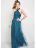 Halter Teal Tulle Open Back Bridesmaid Dress